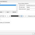 Configuring default signature settings in Outlook, selecting signatures for new messages and replies/forwards.