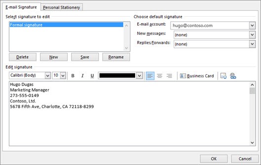 Configuring default signature settings in Outlook, selecting signatures for new messages and replies/forwards.