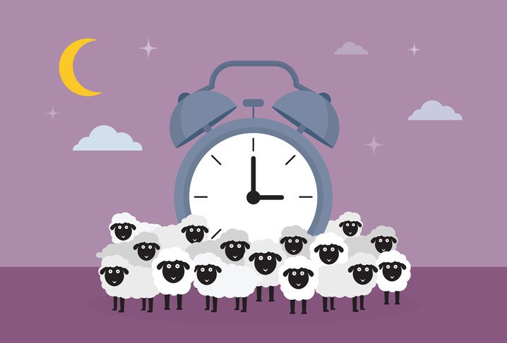 How Much Sleep Do Adults Need? Sheep counting and alarm clock imagery to illustrate adequate sleep duration for adults.