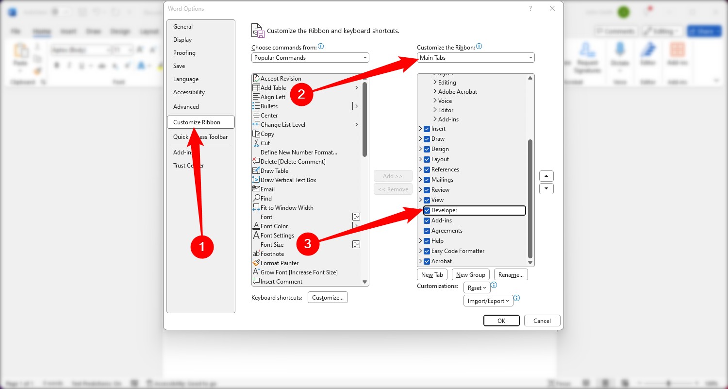 Word Options window showing how to enable the Developer tab in the Customize Ribbon settings.