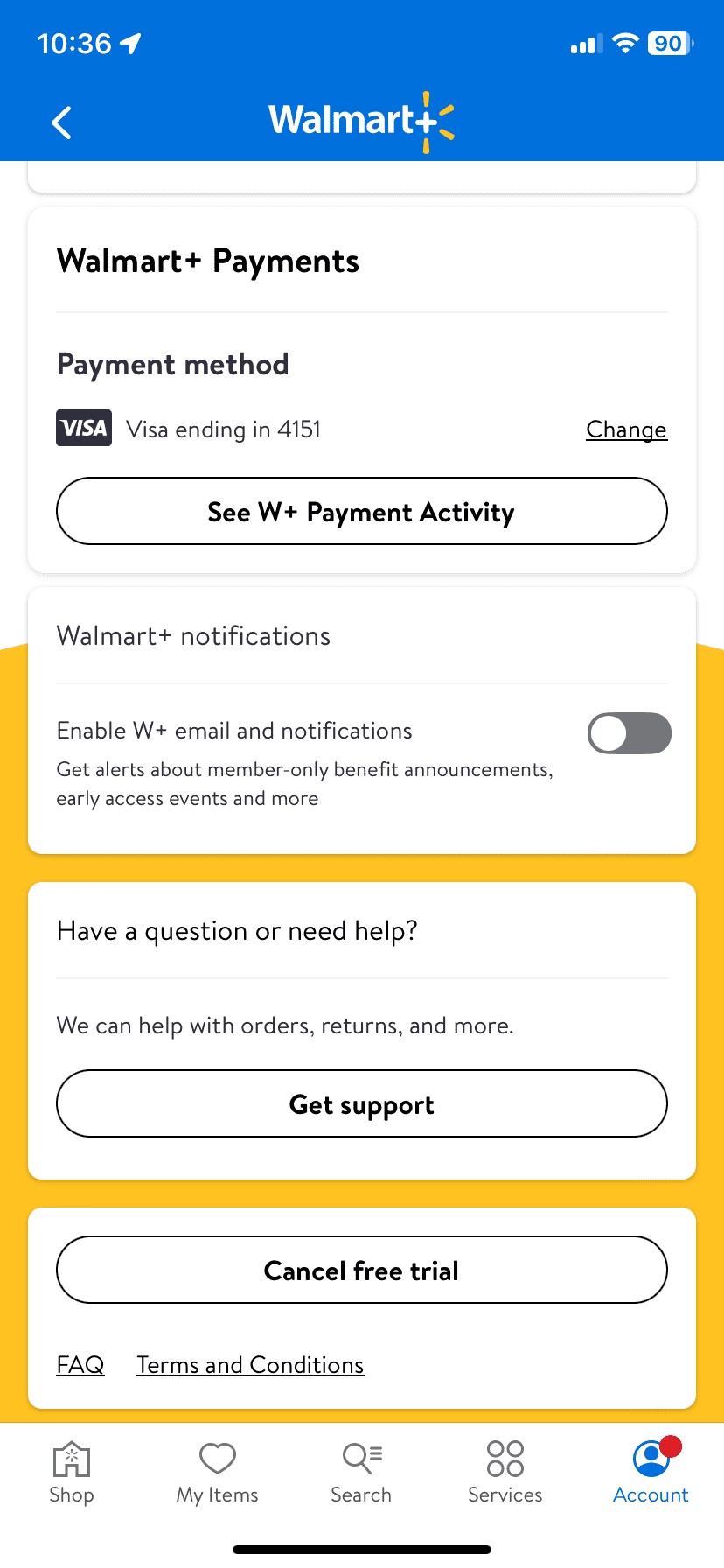 Cancel Walmart Plus Membership Option