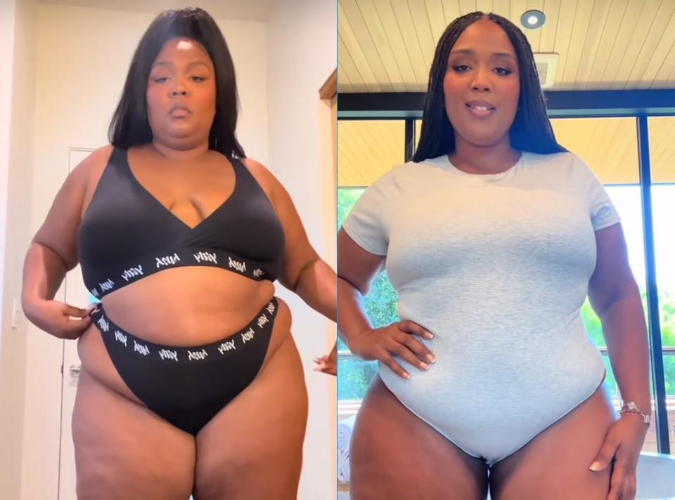 Lizzo in black two-piece and grey bodysuit