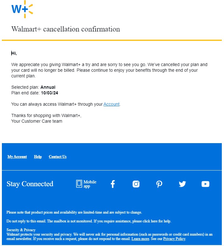 Walmart Plus Cancellation Confirmation Email