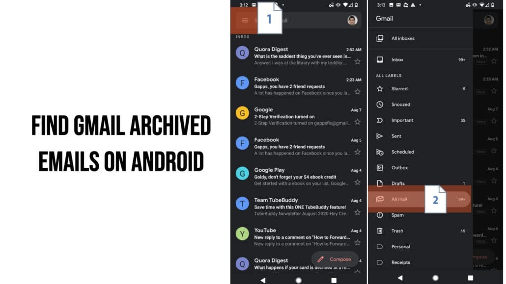 Find Gmail archived emails easily on Android by accessing All Mail from the menu