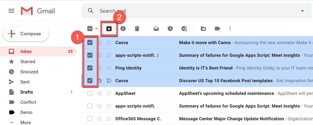 Select emails and click Archive button to archive emails from inbox