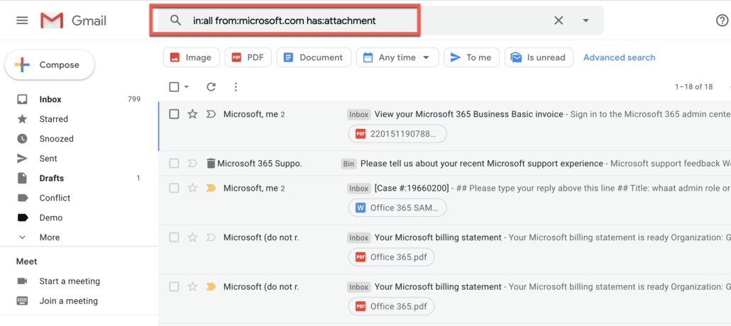 Use Gmail filters to find specific archived emails like those from Microsoft with attachments