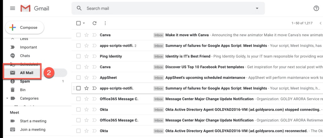 Click on All Mail label to access all emails including archived ones