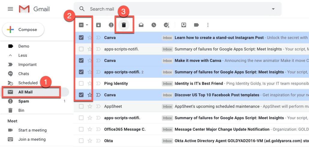 Delete archived emails in Gmail by selecting them in All Mail and clicking delete