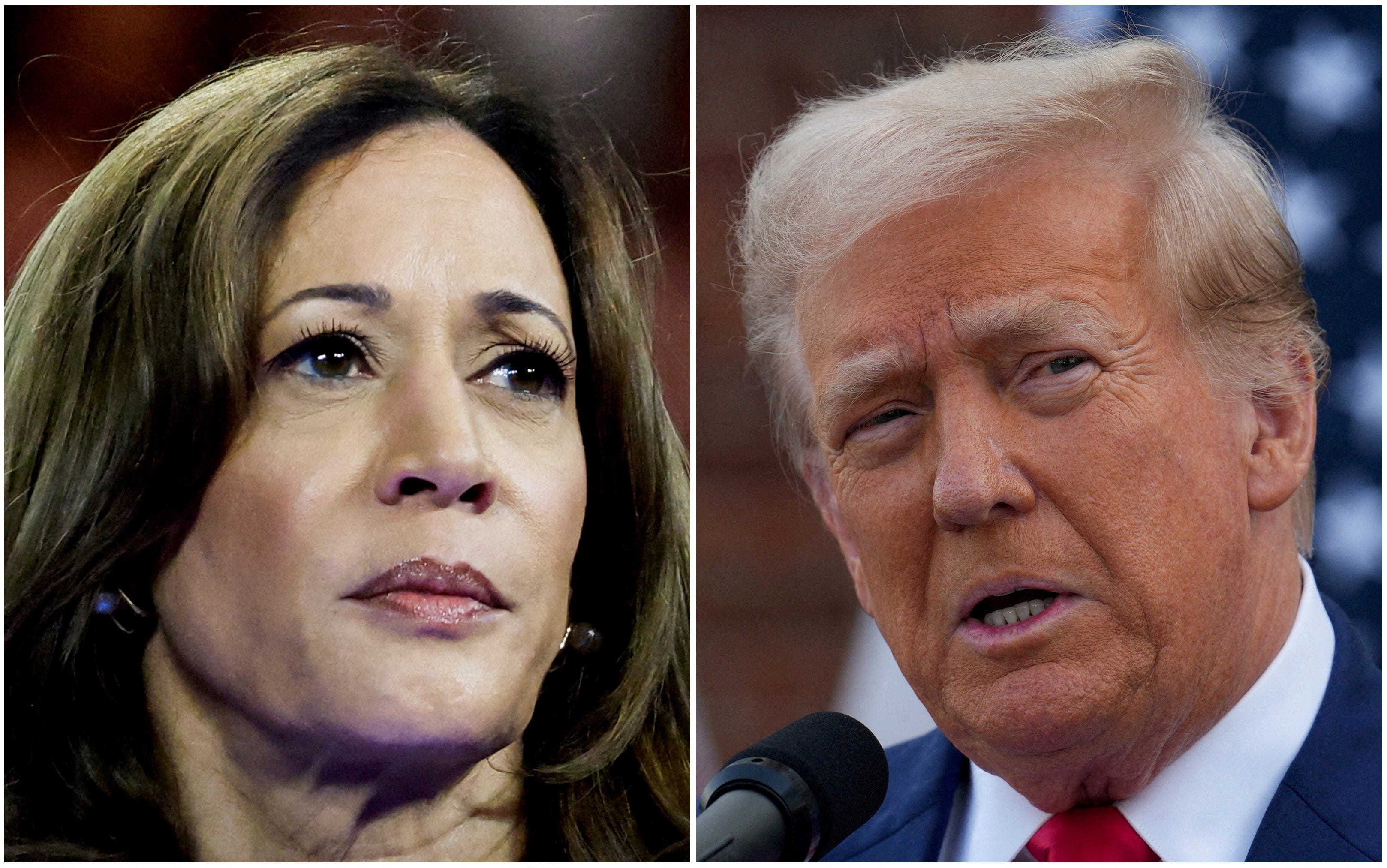 Kamala Harris and Donald Trump at their podiums during the 2024 presidential debate, illustrating the height disparity between the candidates