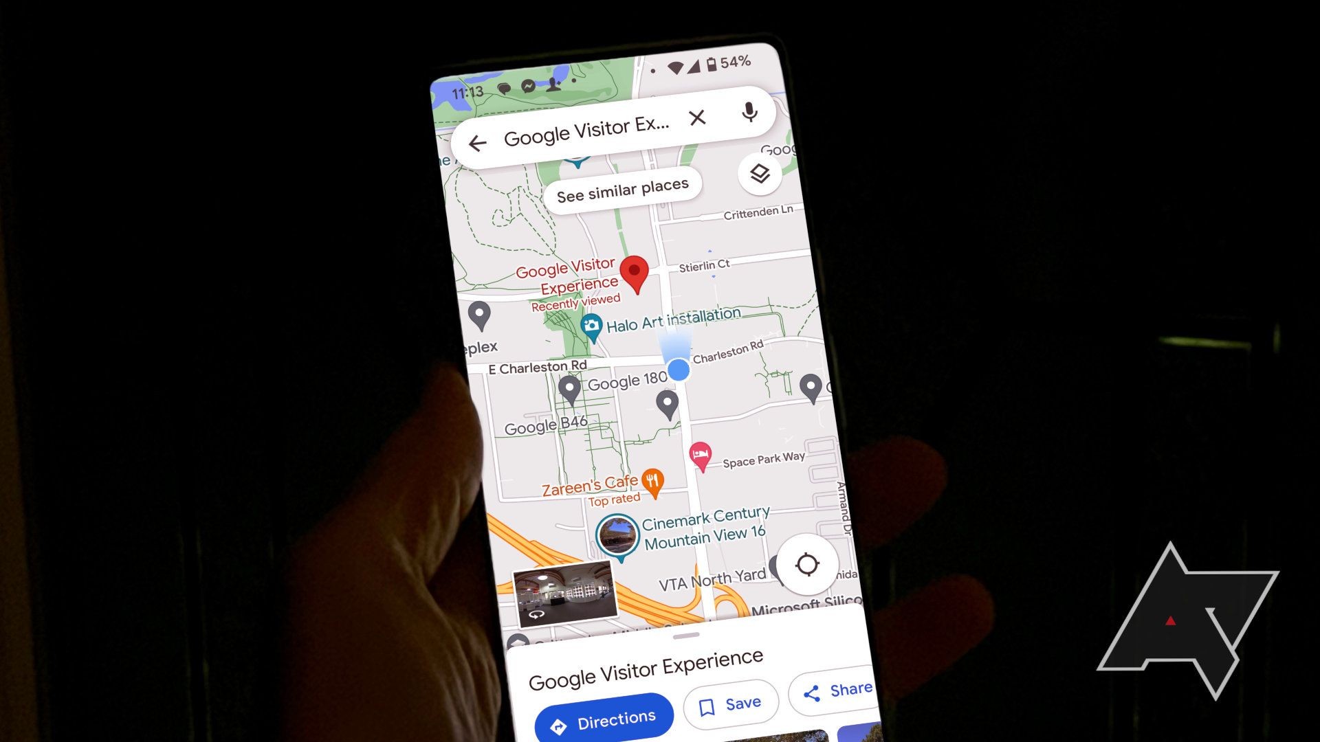 A Pixel 6 Pro displaying Google Maps in Mountain View, CA, highlighting the Google Visitor Experience.