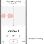 A Voice Memos recording interface on iPhone, showing a waveform display of the ongoing recording, a timer indicating the recording duration, and a prominent button to pause the recording process.