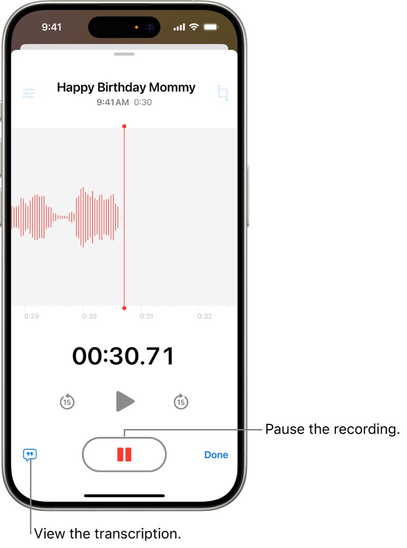 A Voice Memos recording interface on iPhone, showing a waveform display of the ongoing recording, a timer indicating the recording duration, and a prominent button to pause the recording process.