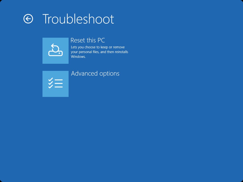 Windows Recovery Environment Troubleshoot Options Screen: Access Advanced Settings for Startup.