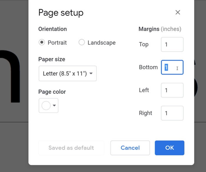 Accessing Page Setup dialog box in Google Docs