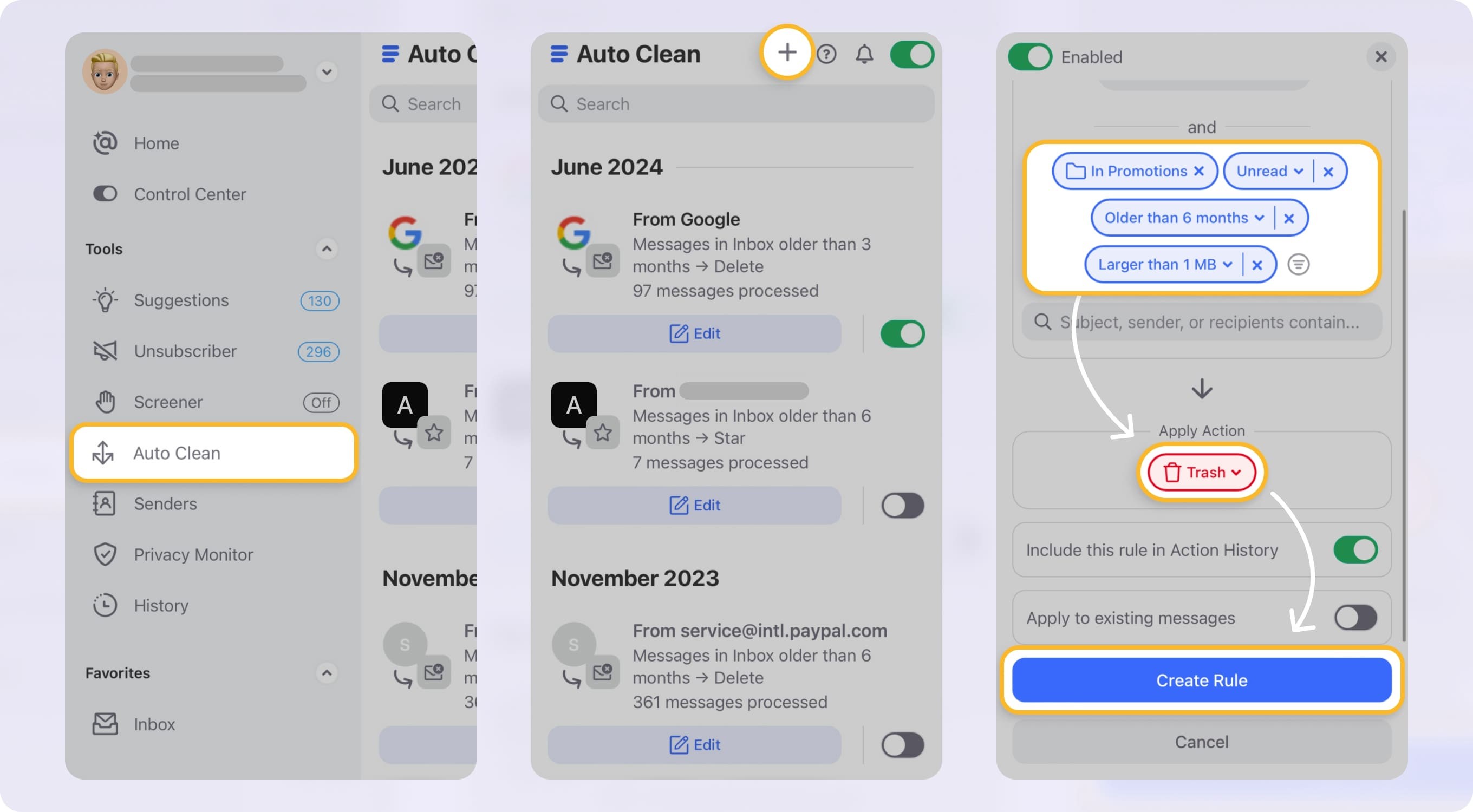 Creating an Auto Clean rule to delete old unread promotional emails with attachments in Clean Email