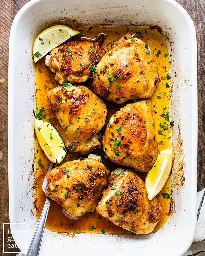 pan of baked chicken thighs