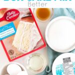 Overhead shot of the ingredients for a box cake mix -- cake mix, flour, sugar, oil, sour cream, eggs, salt, and vanilla.