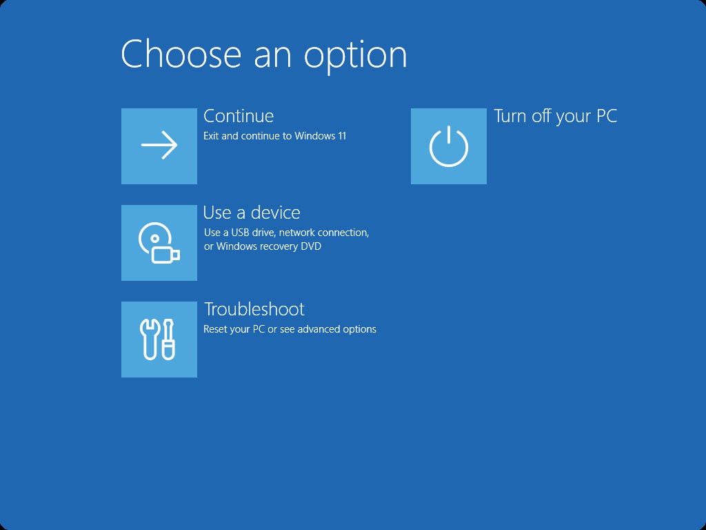 Screenshot of the Choose an option screen in Windows RE.