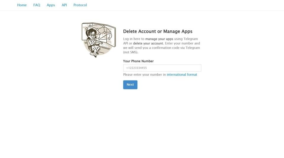 Telegram deactivation screen requesting phone number for account deletion