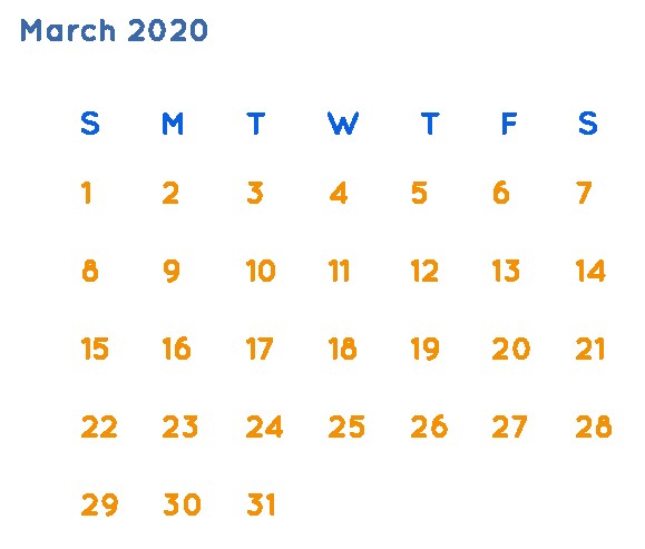 Calendar of March 2020