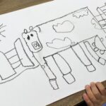 Step-by-step guide on how to draw a cow for kids, showing basic shapes for head, face, and body.