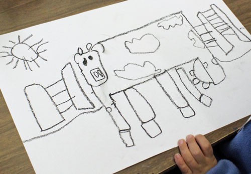 Step-by-step guide on how to draw a cow for kids, showing basic shapes for head, face, and body.