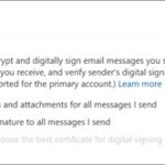 S/MIME settings in new Outlook showing options to encrypt all outgoing messages and add digital signatures for enhanced email security.