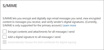 S/MIME settings in new Outlook showing options to encrypt all outgoing messages and add digital signatures for enhanced email security.