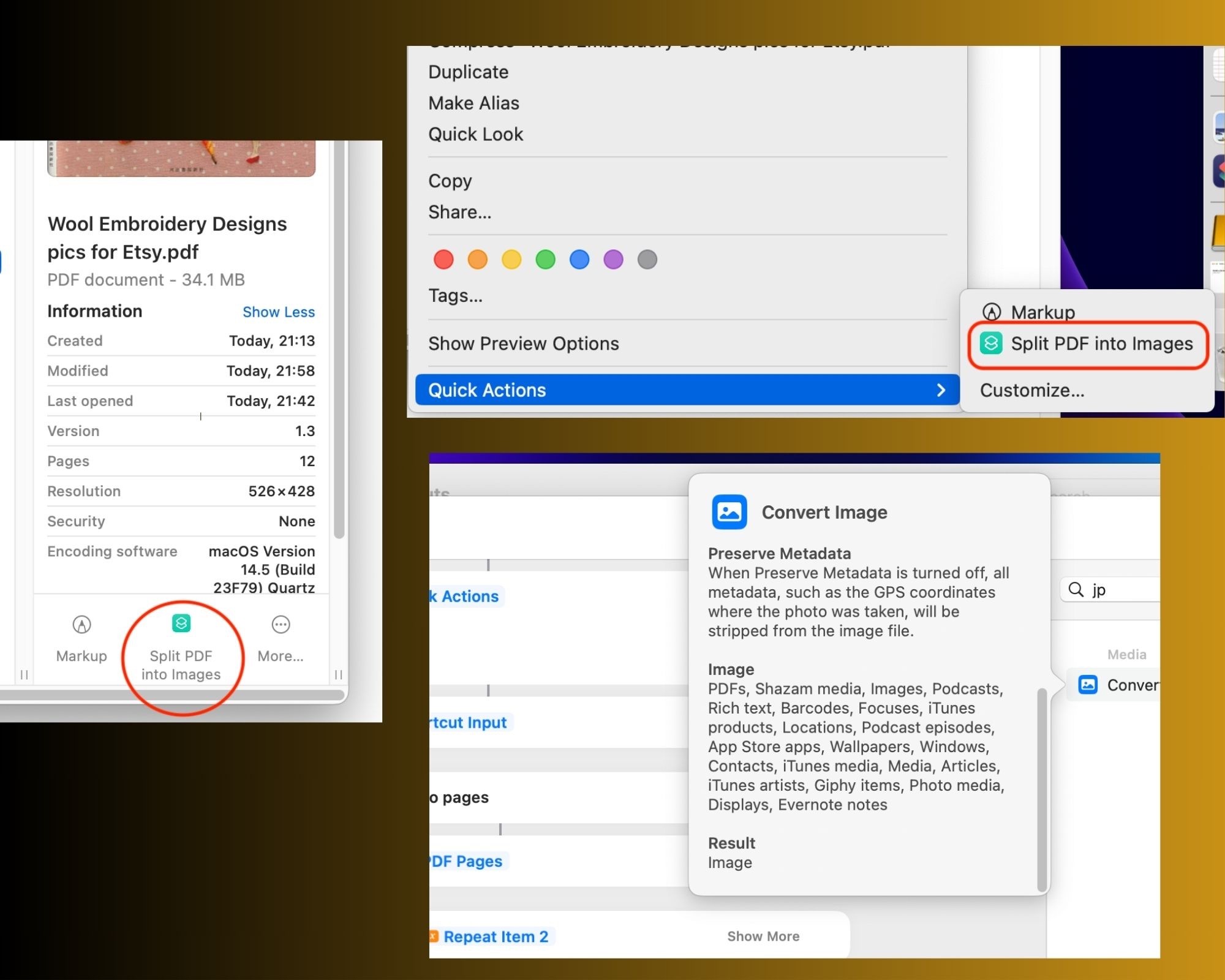 Mac Finder Quick Actions showing 'Split PDF into Images' shortcut for converting PDF to JPEG.