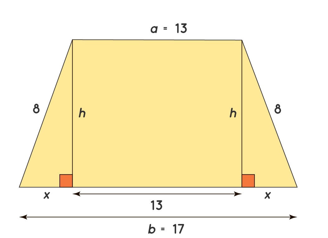 Diagram of an isosceles trapezoid with side lengths labeled, used to calculate area without directly given height