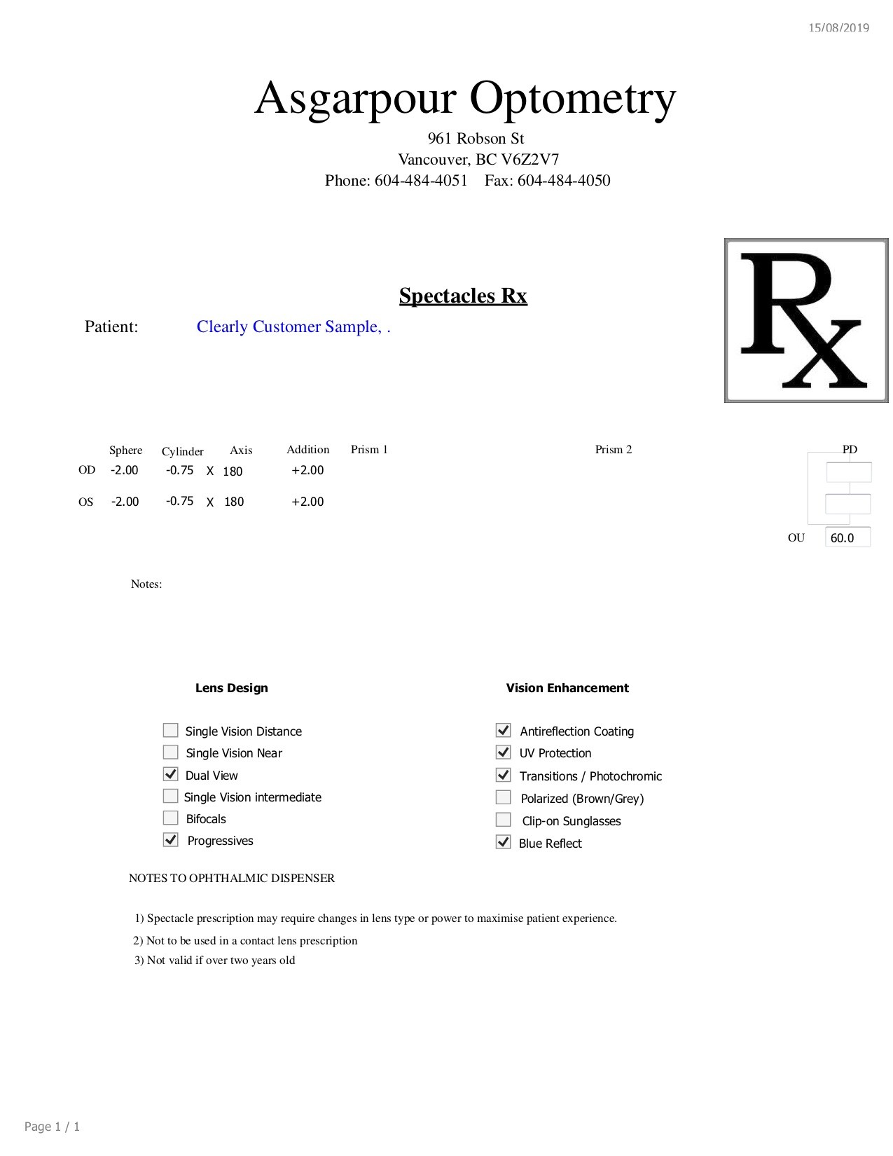 Diagram illustrating the components of a glasses prescription, including OD, OS, Sphere, Cylinder, Axis, and ADD.