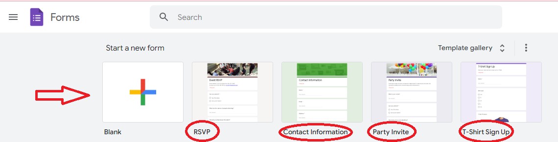 Google Forms template selection screen, highlighting the blank template option.