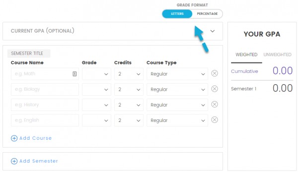 High School GPA Calculator - Step 1 - Select Grade Format