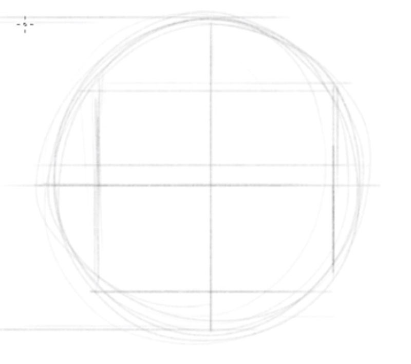 Basic framework for drawing a face, starting with a circle, intersecting lines, and a square