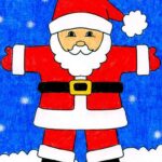 Cheerful Santa Claus drawing for kids, showing a full-body illustration with bright colors and simple shapes.