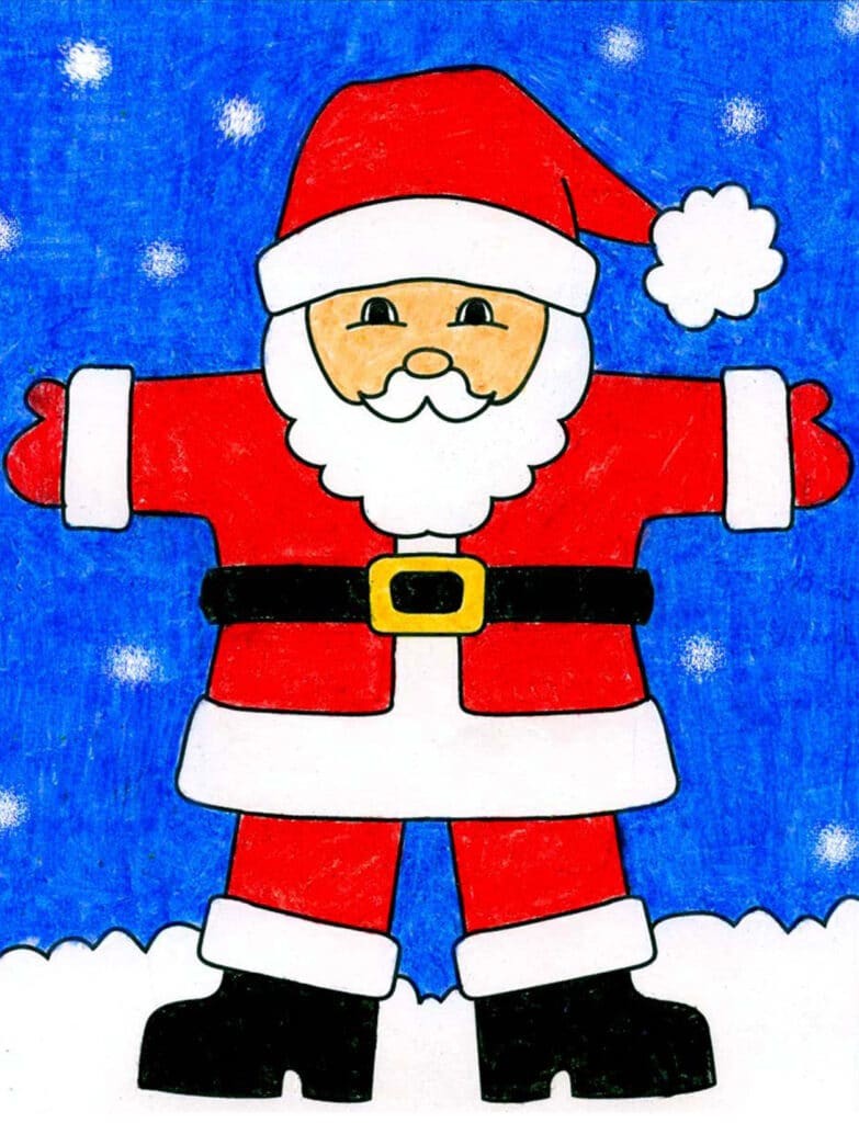 Cheerful Santa Claus drawing for kids, showing a full-body illustration with bright colors and simple shapes.