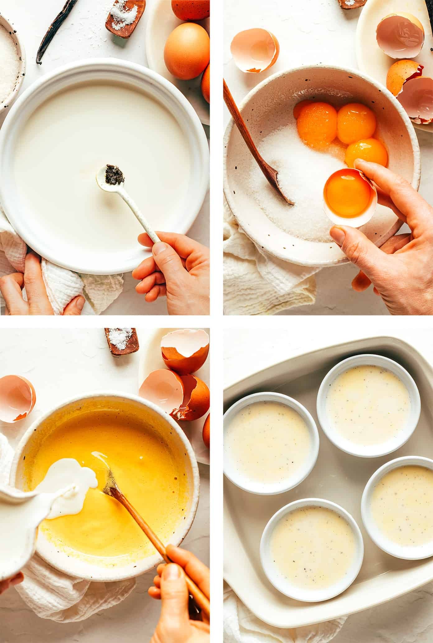 Close-up of ingredients for creme brulee including vanilla bean, heavy cream, sugar and egg yolks