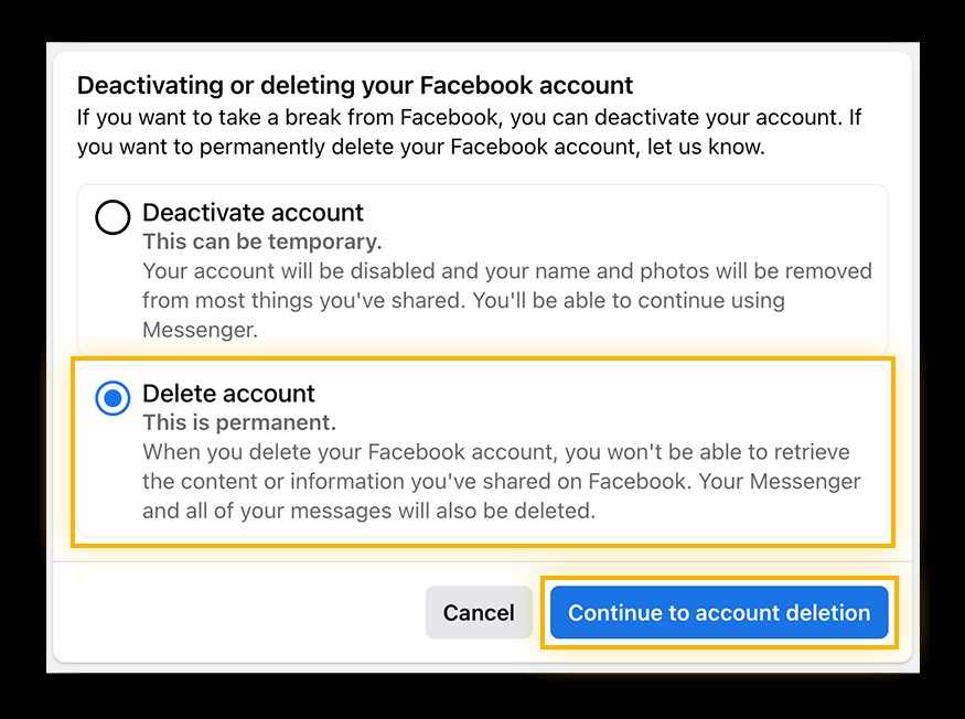 Click Continue to account deletion to finalize the Facebook deletion process.