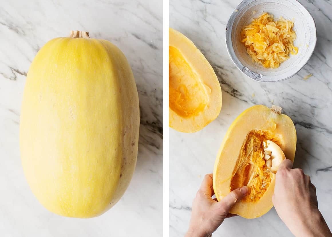 Halved Spaghetti Squash with Seeds Being Scooped Out