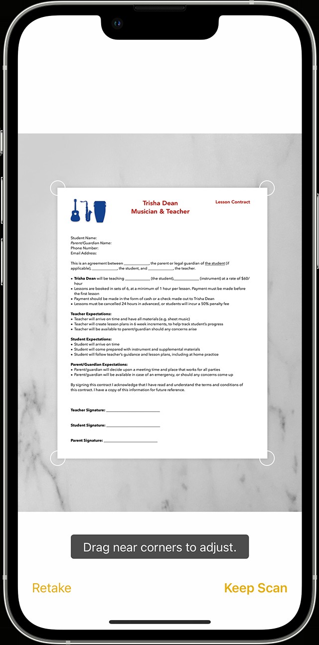 Scanning a document using the Notes app on iPhone