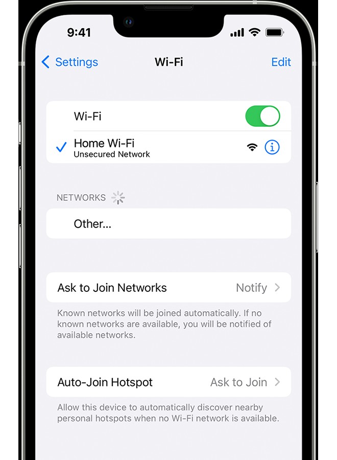 iPhone Wi-Fi settings screen showing an unsecured network