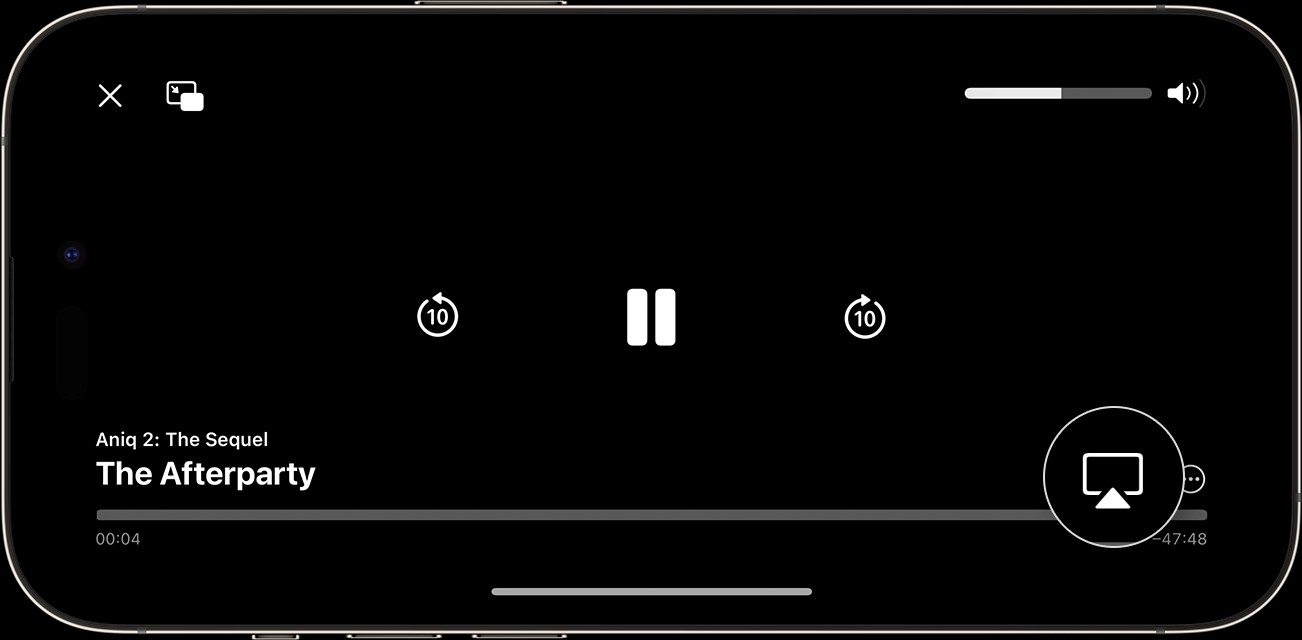 AirPlay button highlighted on the iPhone screen during video playback, tap to choose your TV