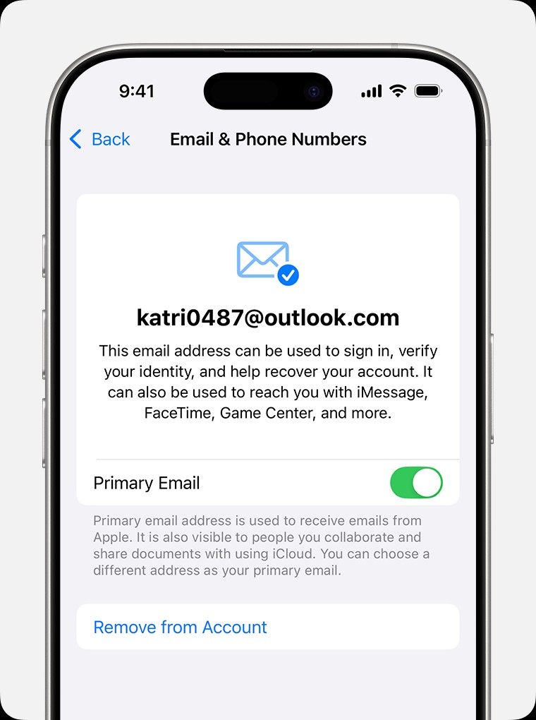 iPhone settings showing steps to change primary email address for Apple Account