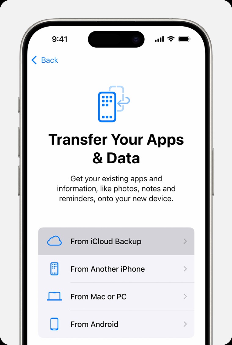 iPhone showing the "From iCloud Backup" option on the "Transfer Your Apps & Data" screen