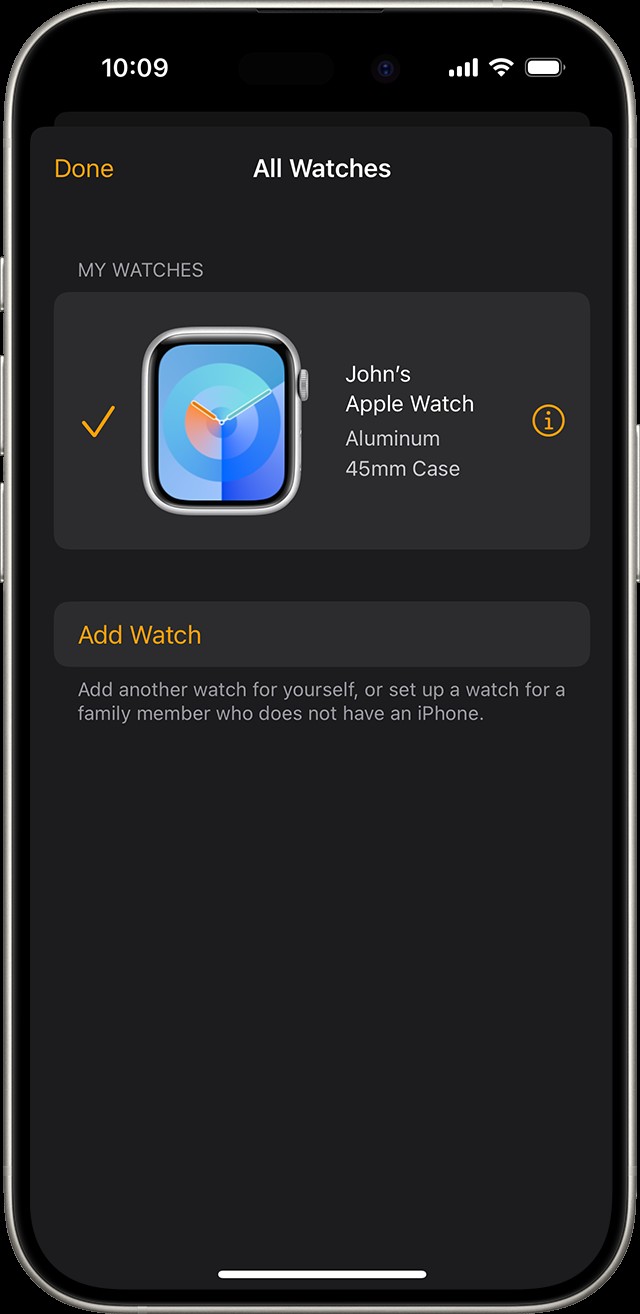 iPhone screen displaying the All Watches section in the Apple Watch app