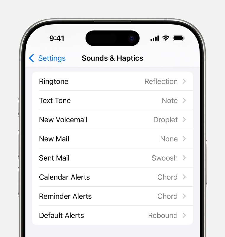 iPhone Settings Sounds & Haptics menu showing options for ringtone, text tone, etc.