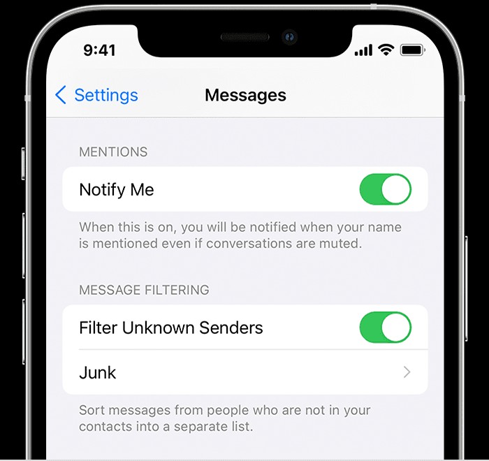 Filter Unknown Senders toggle in Messages settings on iPhone