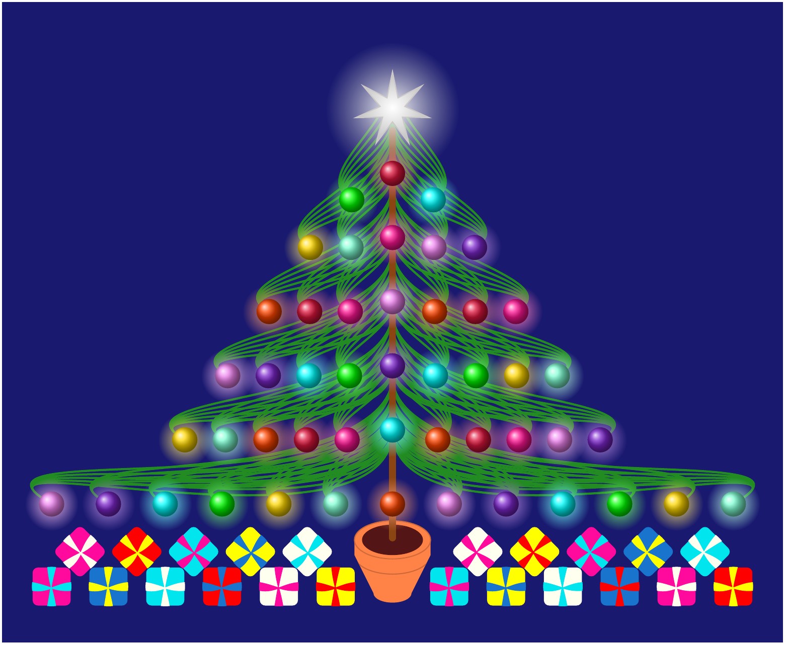 A digitally drawn Christmas tree using LaTeX code, showcasing a structured, algorithmic approach to creating festive graphics.