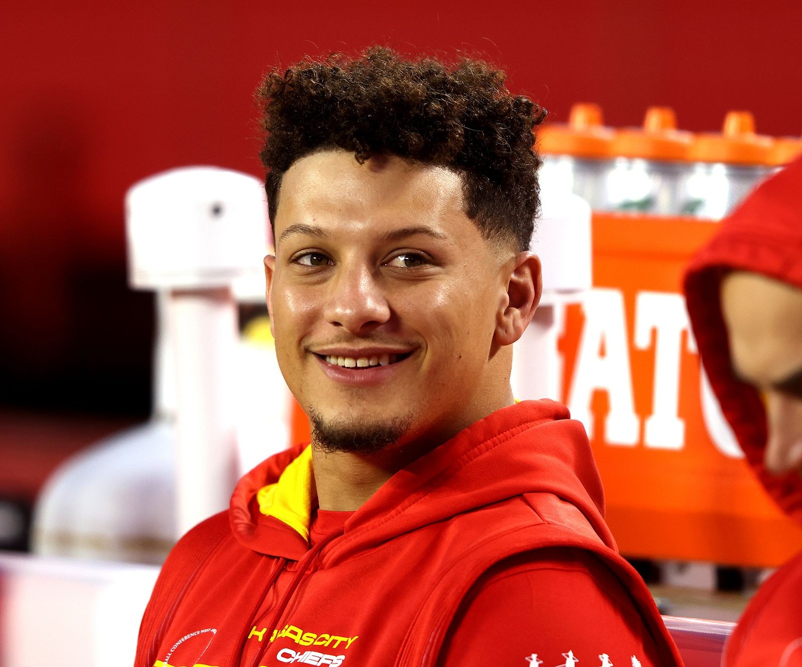 Patrick Mahomes portrait in Kansas City Chiefs uniform, showcasing the NFL star's career and age.