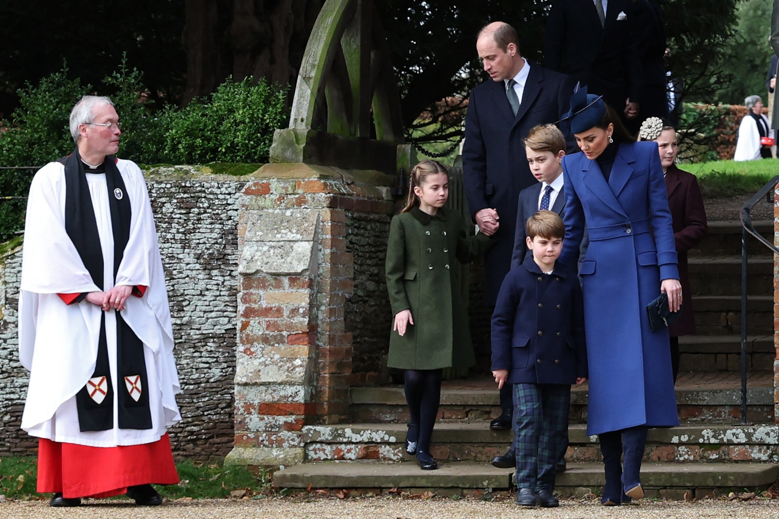 Prince William, Princess Charlotte, Catherine and Princess of Wales walk away from the church with Prince George of Wales and Prince Louis of Wales after attending the Royal Family's traditional Christmas Day service at St Mary Magdalene Church on the Sandringham Estate in eastern England, Dec. 25, 2023.